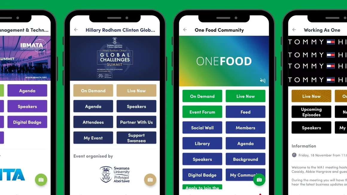 Interactive event app screens used to support a highly interactive client event.