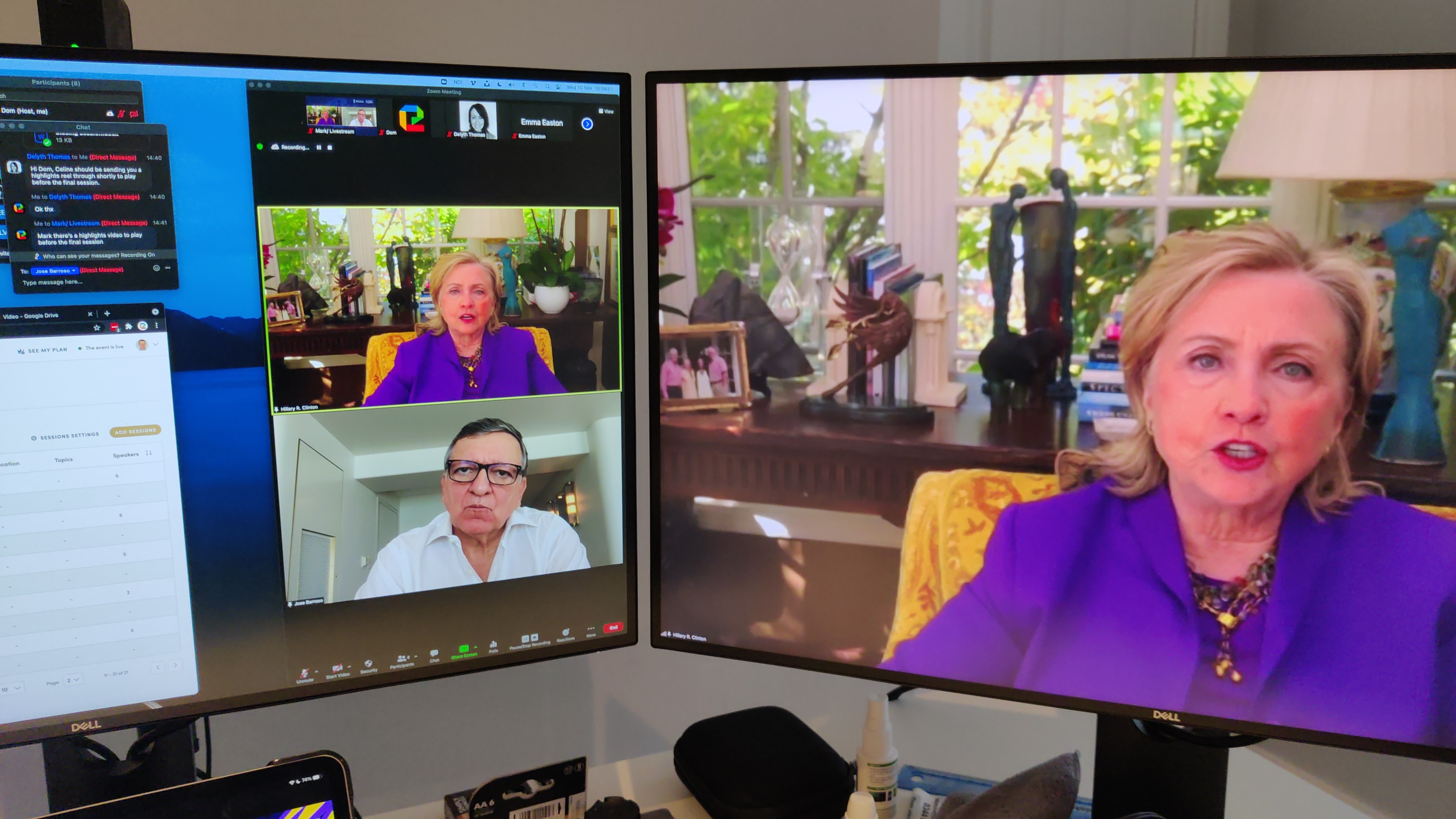 Live webinar setup with multiple screens and a remote speaker feed.
